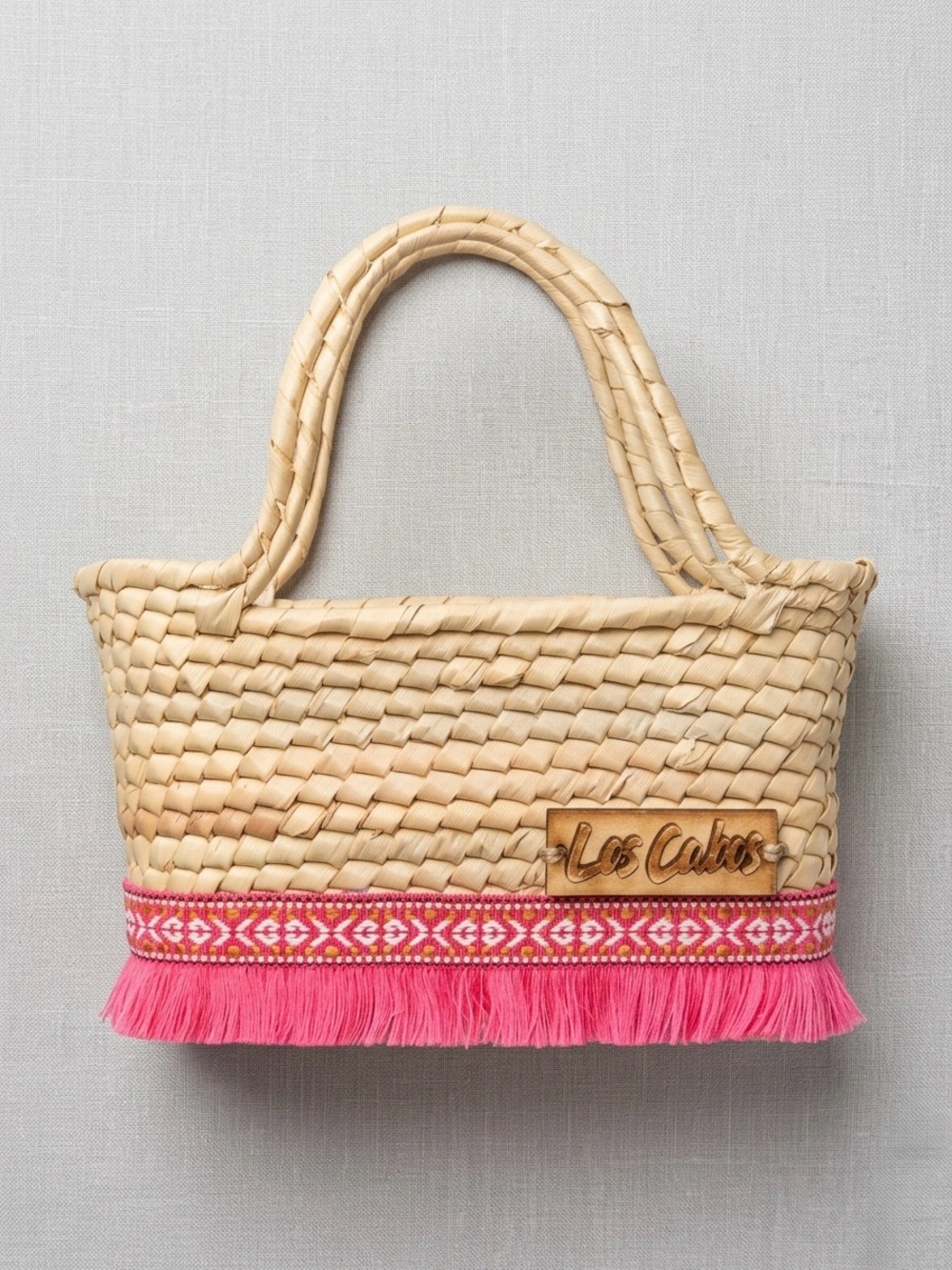 Boho Fringe Pink Trim Woven Straw Mini Tote